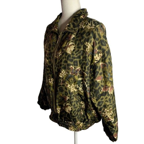 Vintage Silk Leopard Print Bomber Jacket M Green Floral Full Zip Pockets Lined - Picture 3 of 6